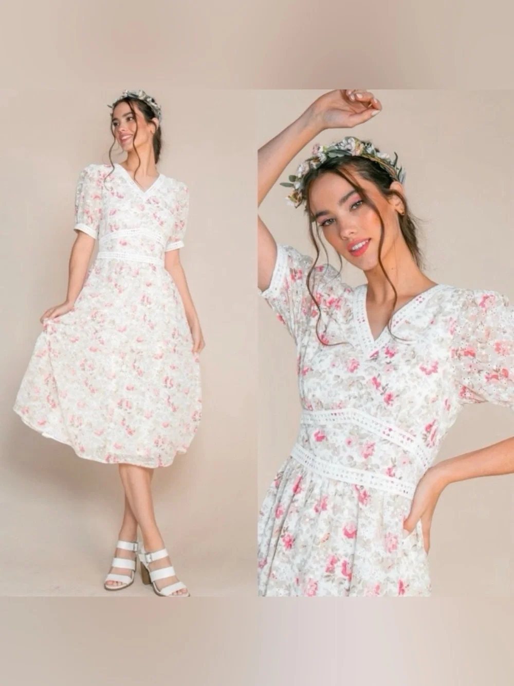 Ivy City Co Essie Floral V‑Neck Puff Sleeve Midi Dress Size XS